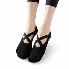 Women's Non-Slip Yoga Grip Socks with Cross Straps, Black