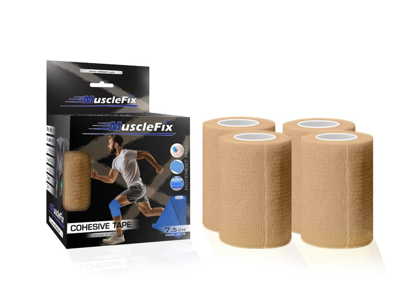 Breathable Self Adhesive Wrap, Athletic, Non Woven Cohesive Bandage – for Sports, Beige 7.5 cm Pack of 4