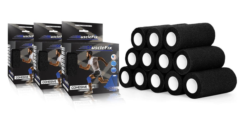 Cohesive Self-Adhesive Bandage Wrap, Black, 10 cm Pack of 12