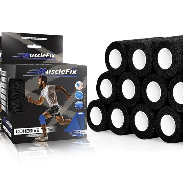 Cohesive Self-Adhesive Bandage Wrap, Black, 10 cm Pack of 12