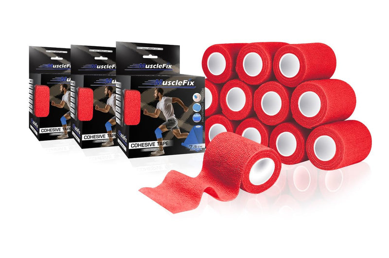 Cohesive Self-Adhesive Bandage Wrap, Red (7.5 cm) (Pack of 12)