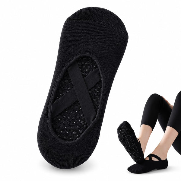 Women's Non-Slip Yoga Grip Socks with Cross Straps, Black