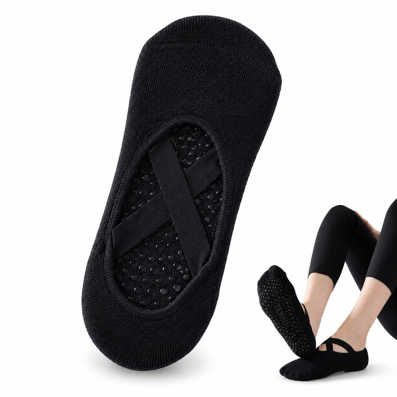 Women's Non-Slip Yoga Grip Socks with Cross Straps, Black