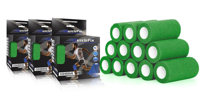 Cohesive Self-Adhesive Bandage Wrap, Green, (10cm) Pack of 12