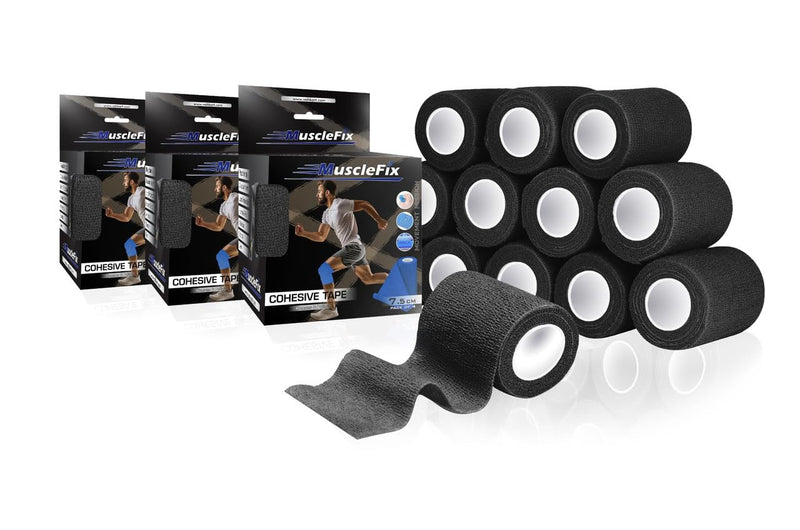 Cohesive Self-Adhesive Bandage Wrap, Black 7.5 cm Pack 12