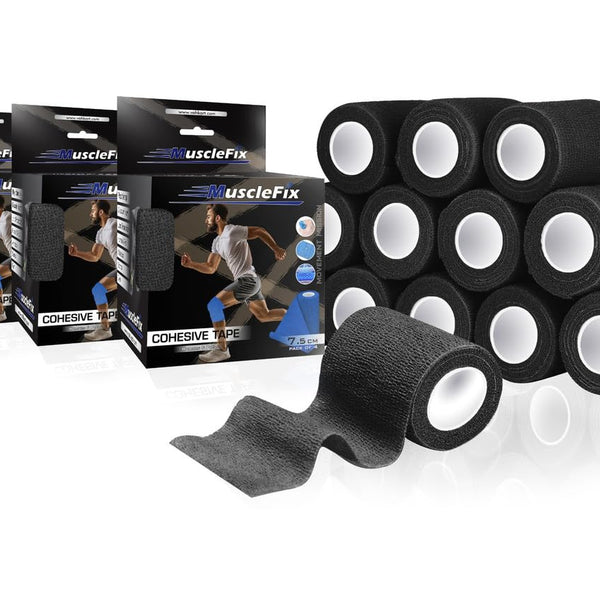 Cohesive Self-Adhesive Bandage Wrap, Black 7.5 cm Pack 12