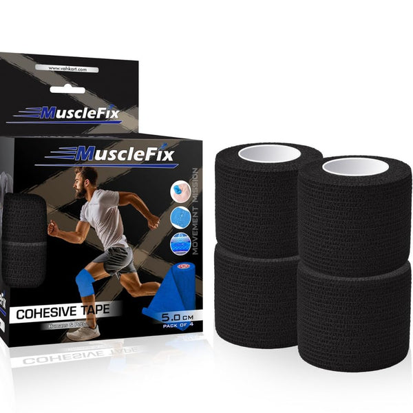 Cohesive Self-Adhesive Bandage Wrap, Black, 5 cm, Pack Of 4
