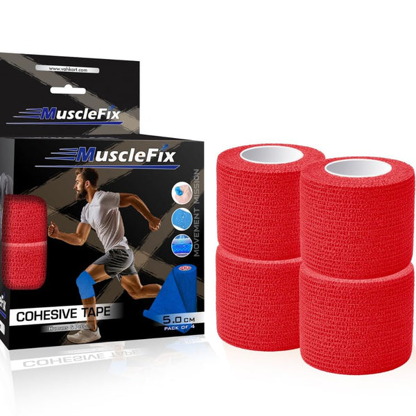 Cohesive Self-Adhesive Bandage Wrap, Red, 5 cm Pack Of 4
