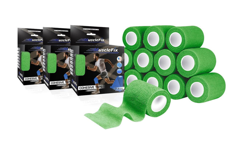 Cohesive Self-Adhesive Bandage Wrap, Green ,7.5 cm Pack of 12