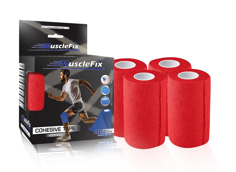 Cohesive Bandage Wrap 10cm x 4.5m, Self Adhesive Crepe Bandage, Red, 10cm