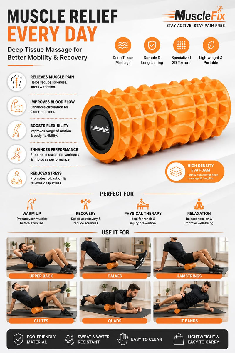 Anti Slip EVA Foam Roller for Deep Tissue Massage & Muscle, Orange, 33Cm*12Cm