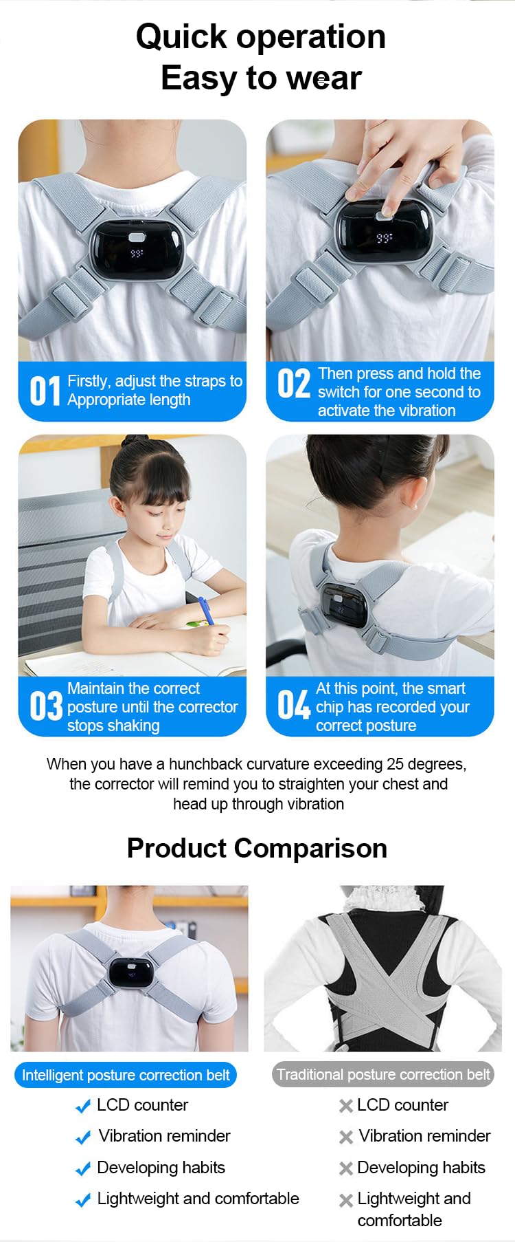 Smart Posture Corrector with Vibration Alert, Black, Onesize