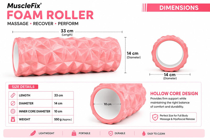 Anti Slip EVA Foam Roller for Deep Tissue Massage & Muscle, Pink, 33Cm*14Cm
