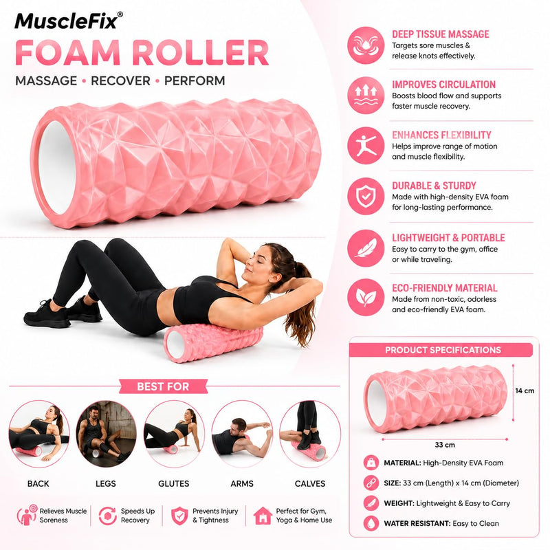 Anti Slip EVA Foam Roller for Deep Tissue Massage & Muscle, Pink, 33Cm*14Cm