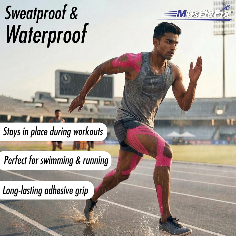 Precut Kinesiology Tape for Pain Relief & Muscle Support – Waterproof, Red, Precut