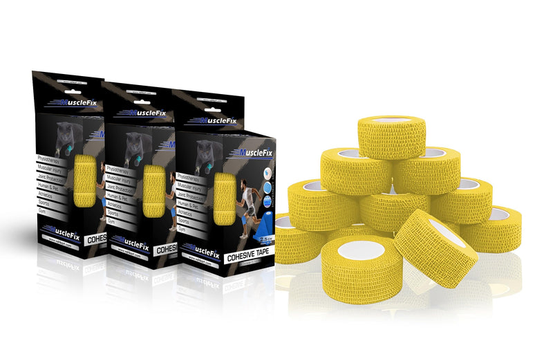 Breathable Self Adhesive Wrap, Athletic, Non Woven Cohesive Bandage, Yellow, (2.5CM) Pack-12