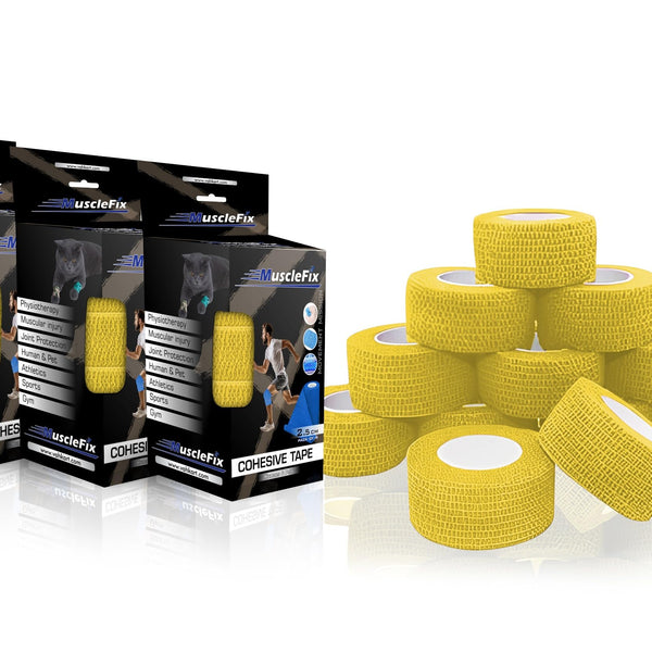 Breathable Self Adhesive Wrap, Athletic, Non Woven Cohesive Bandage, Yellow, (2.5CM) Pack-12