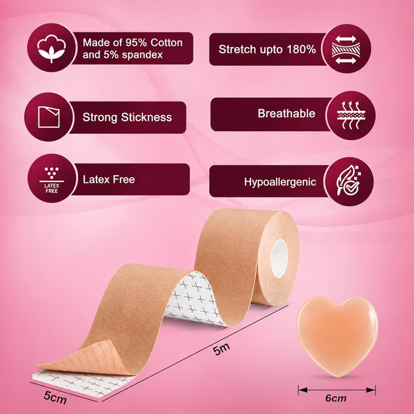 Breast Lifting Tape with Heart Silicone Nipple Covers, 5CM*5 MTR