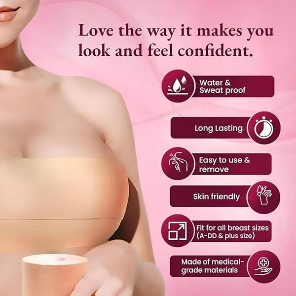 Breast Lifting Tape with Heart Silicone Nipple Covers, 5CM*5 MTR