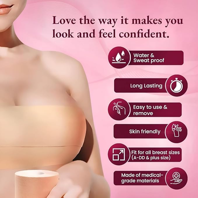 Breast Lifting Tape with Heart Silicone Nipple Covers, 5CM*5 MTR