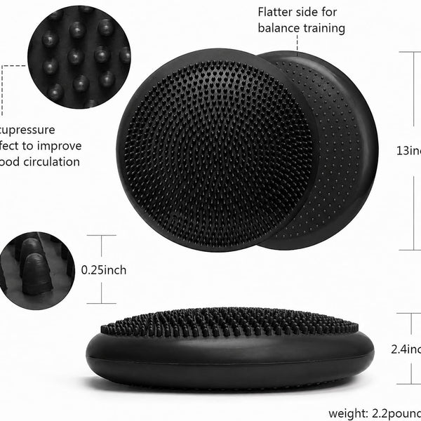Inflatable Balance Disc Cushion 33CM with Air Pump, Black, 33CM