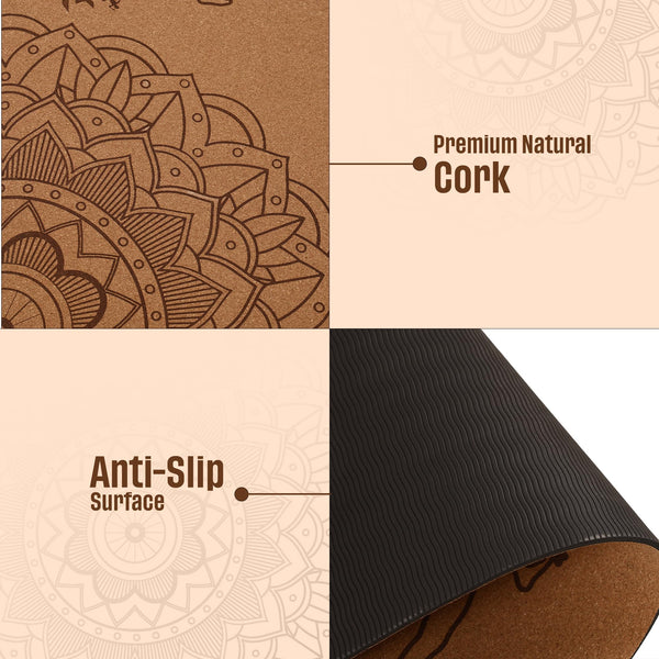 Premium Natural Cork Yoga Mat with Printed Surya Namaskar Pose Guide, Beige