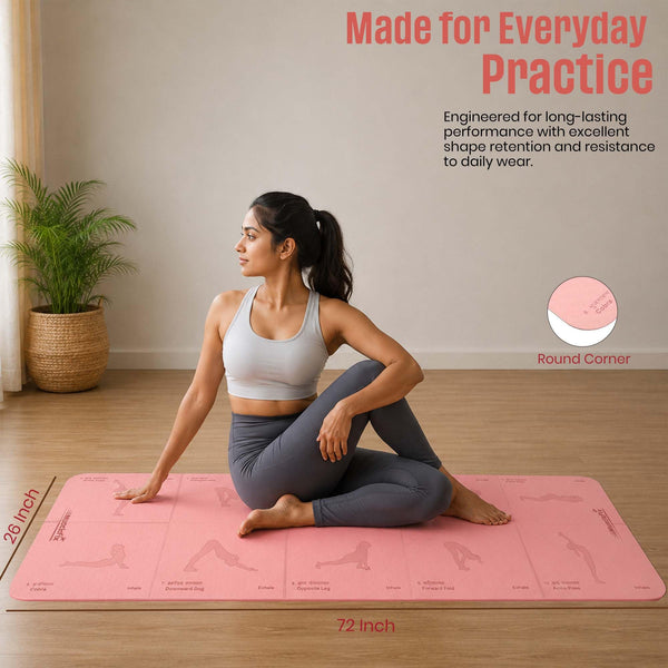 Premium Anti Skid Yoga Mat with Printed Surya Namaskar Pose Guide, Pink