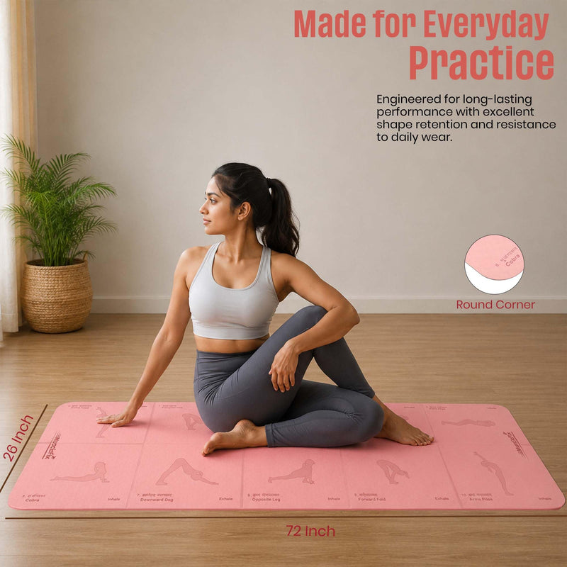 Premium Anti Skid Yoga Mat with Printed Surya Namaskar Pose Guide, Pink