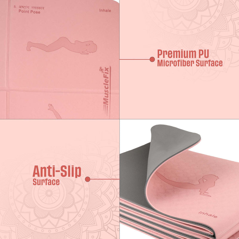 Premium Anti Skid Yoga Mat with Printed Surya Namaskar Pose Guide, Pink